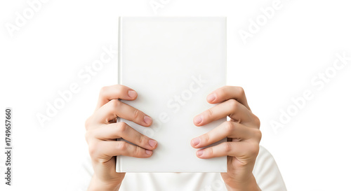 Blank white book cover in hands mockup template for design and branding
