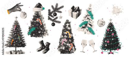 Christmas trees halftone cut outs set. Xmas stickers. Retro  vector illustration isolated background.