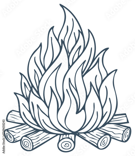 Simple Outline Drawing of a Campfire with Flames and Wood Logs