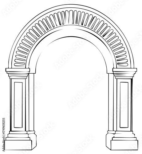 Architectural Archway with Pillars, Decorative Outline Vector Illustration