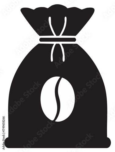 Coffee beans in a burlap bag silhouette, minimal design for cafe brand or packaging element, organic fair trade beans icon, vector flat illustration