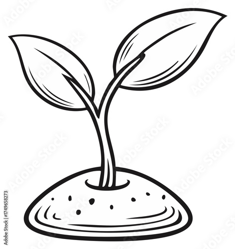Young Plant Sprout Emerging from Rich Soil in Outline Style