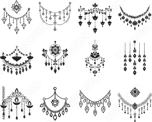 A collection of diwali decoration item, , ornate necklaces with a mix of geometric and floral designs, set against a white background.