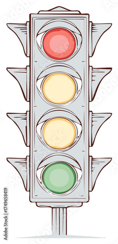 Traffic Signal With Red Yellow and Green Lights Illuminated Ready for Movement and Stop