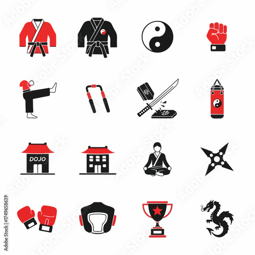 Collection of diverse martial arts and Asian culture icons, featuring traditional equipment, training symbols, and spiritual elements.