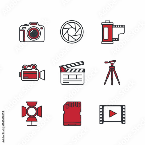 Collection of flat design icons depicting essential photography and videography equipment, including cameras, film, clapperboard, tripod, and studio lights for creative media production.