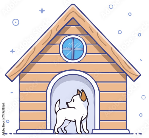 Cute cartoon dog standing in a wooden doghouse illustration