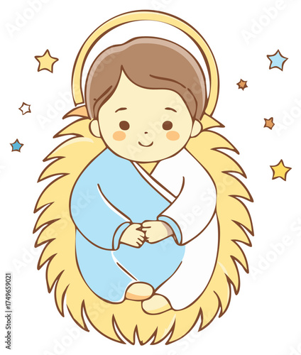 Newborn Baby Character in Manger Illustration with Halo and Stars Decoration