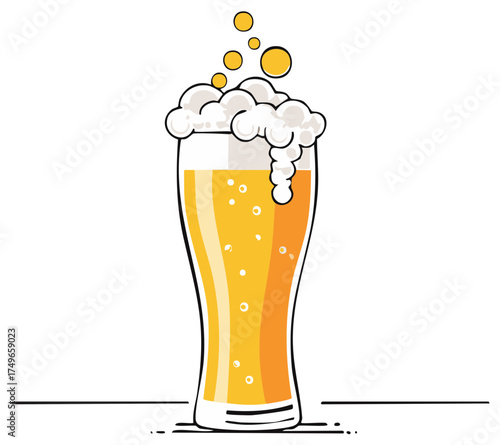 Vector illustration of a tall glass of light beer with a frothy overflowing foam head and bubbles