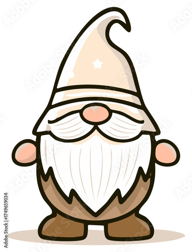 Cute cartoon gnome with a long white beard and pointy hat illustration