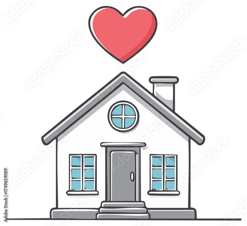Simple illustration of a charming house with a large red heart floating above the roof suggesting love and home.