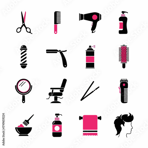 Modern black and pink hair salon and barbershop tools icon set. Professional grooming and styling equipment vector collection for beauty services.