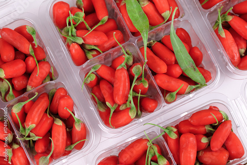 Fotografía Fresh Red Goji Berries Wolfberries from Ningxia in Market Display Containers