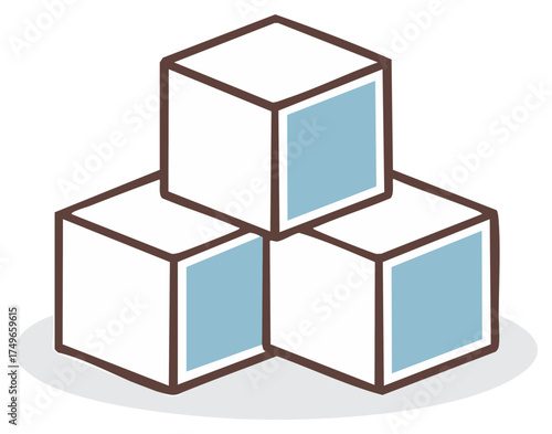 Three white sugar cubes stacked in a pyramid illustration with blue faces and brown outline