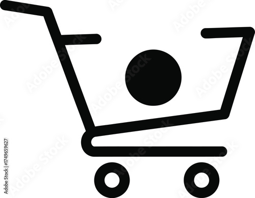 Minimalist black shopping cart icon with a single item, representing an online purchase or add to cart action for an e-commerce website