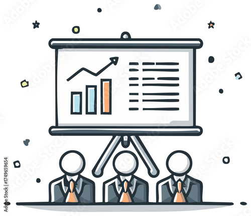 Business presentation with data charts and anonymous attendees in a meeting
