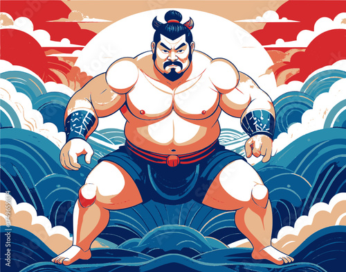Traditional Japanese Art: Sumo Rikishi Amidst Clouds and Ocean Wave Patterns.