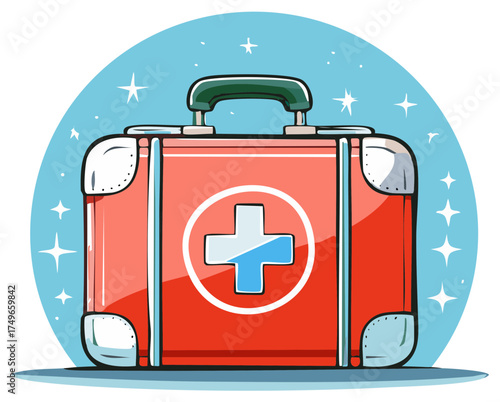 Shiny red first aid box with a white cross symbol cartoon vector illustration