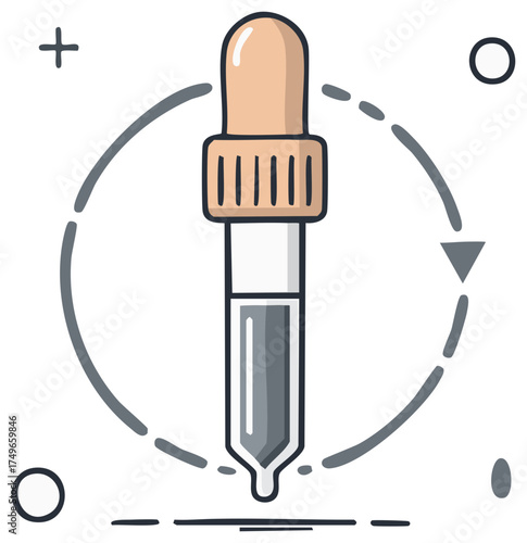 Dropper with liquid dispensing in circular motion with scientific symbols