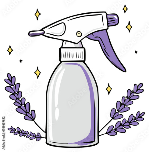 Hand-drawn lavender spray bottle with sparkling elements and floral accents