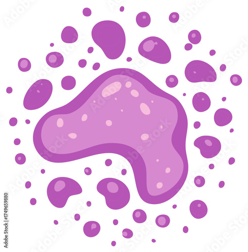 Abstract amoeba or bacterial colony with spots in a purple color with round droplets