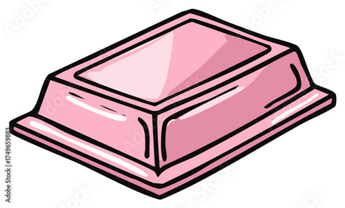 Glossy pink bar of soap or wax block in a tray, cartoon vector illustration.