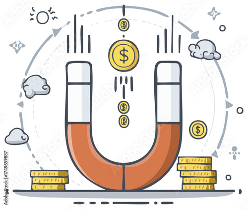 Cartoon magnet attracting gold coins concept for financial wealth and gains illustration.