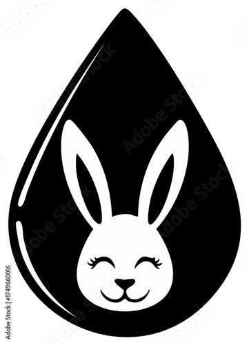 Cute smiling rabbit in a black drop, a symbol for cruelty free cosmetics, vegan products, and animal welfare.
