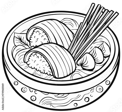 Line art of delicious rice rolls with noodles and condiments
