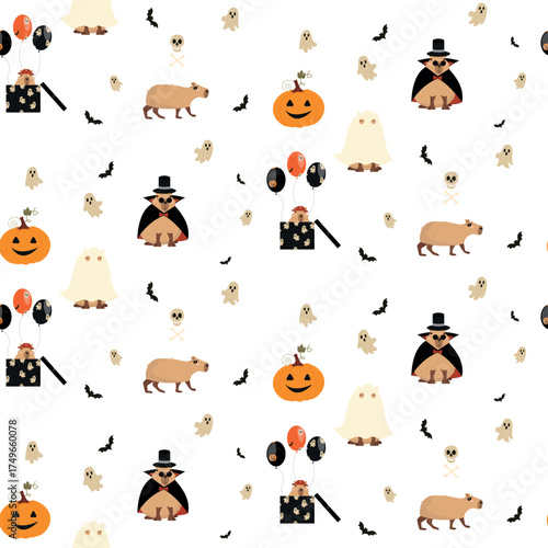 A cute pattern with capybaras in Halloween costumes.