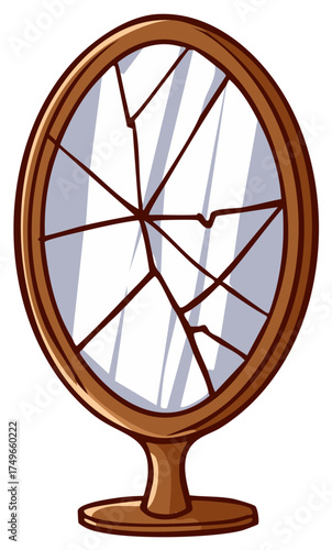Cartoon broken mirror with wooden frame and support, shattered glass illustration