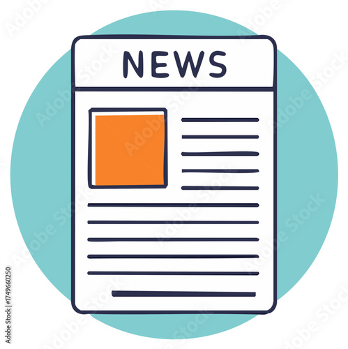 Cartoon newspaper icon with orange image box and headlines on a blue background