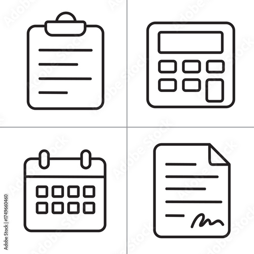 Business Office Tools Line Icons. Calendar, Calculator, Clipboard, and Document Vector Set