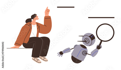Woman points upward while robot examines with magnifying glass. Ideal for innovation, AI, teamwork, exploration, problem-solving, technology, futuristic concepts. Bright simple flat metaphor