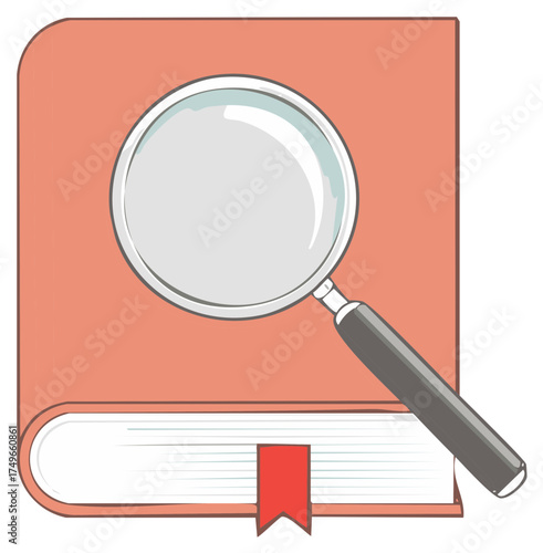 Magnifying glass over closed book with bookmark investigating knowledge and discovery