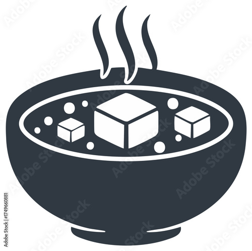 Steaming Bowl of Soup with Cubes of Tofu Hot Food Illustration