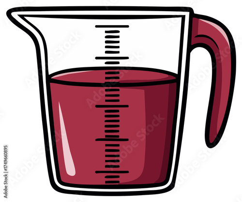 Cartoon illustration of a glass measuring cup filled with red liquid.