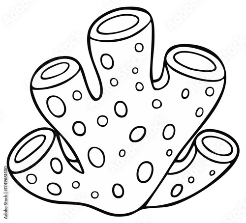 Black and white line art illustration of an abstract underwater coral or sea sponge design