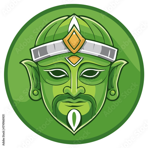 Green Mask of a Deity Figure Wearing a Headdress on Green Background
