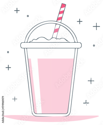 Refreshing pink beverage in a clear cup with a dome lid and striped straw in cute cartoon style