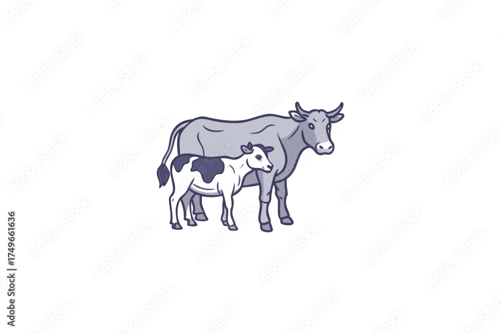 Fototapeta premium A mother cow and her calf standing together in a simple illustration