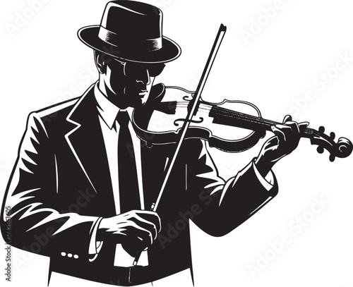 Man in suit and hat playing violin black and white illustration