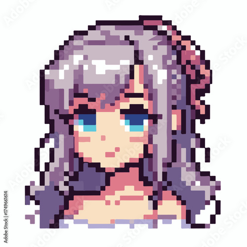 A beautifully designed pixel art portrait of a cute girl with lavender hair, an enchanting concept for a virtual character or gaming avatar