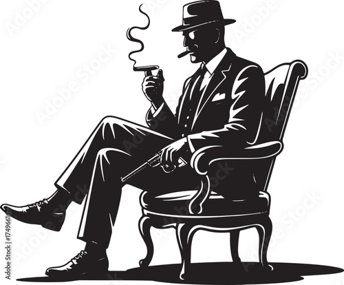 Man in Suit and Hat Smoking Cigar Holding Gun Sitting in Chair