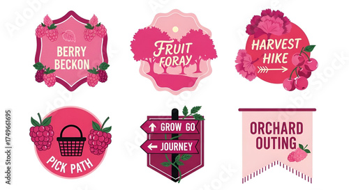 Vector graphics featuring berry picking, fruit picking, harvest hike and orchard outing designs