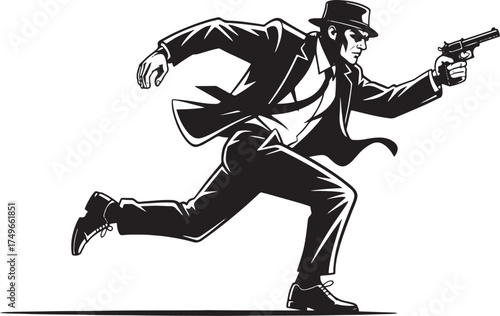 Man in suit running with gun black and white illustration
