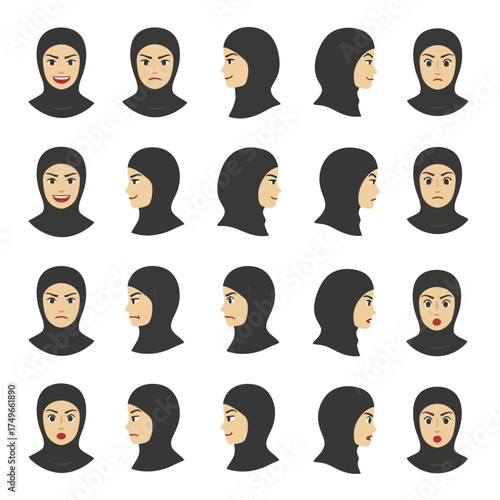 Muslim woman in hijab head set with different facial expressions and angles.