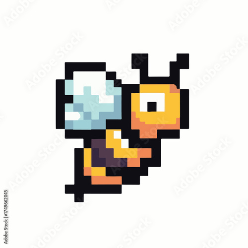 A charming pixel art bee icon flying in a retro 8-bit video game style. Cute insect character sprite isolated on a white background