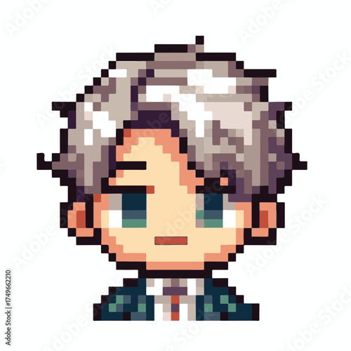 Pixel art character bust of a young man with silver spiky hair wearing a suit. Retro 8-bit style avatar for a video game or profile icon