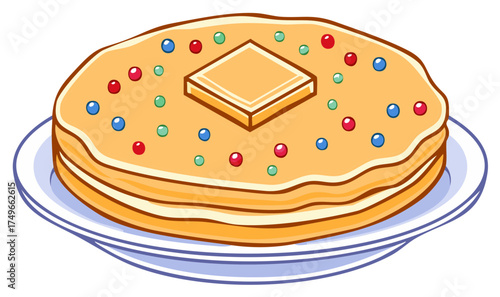 Delicious stack of golden pancakes topped with butter and colorful sprinkles illustration